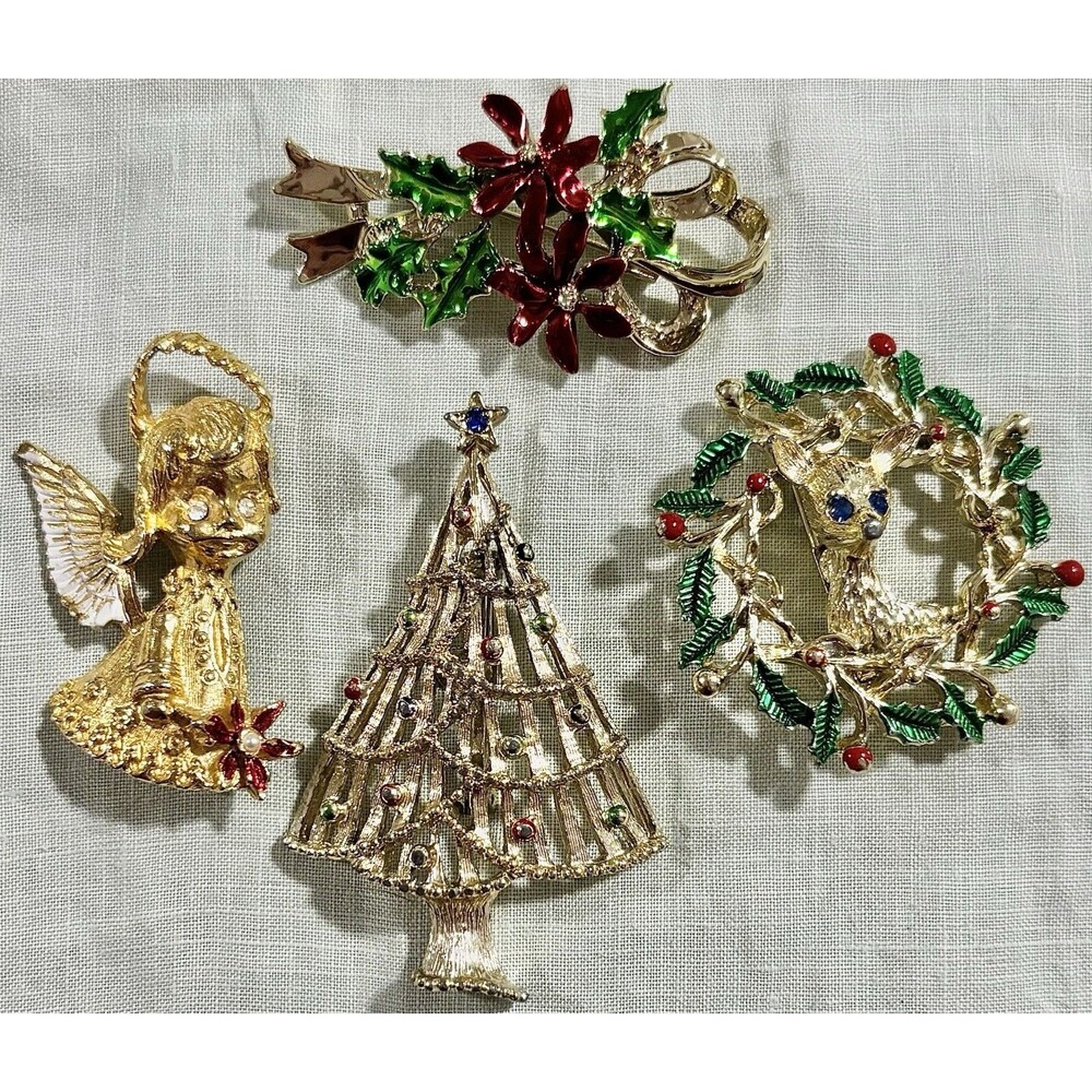 VTG Gerry’s Christmas Brooch Lot 4 Signed Tree Angel Wreath Poinsettia Pin